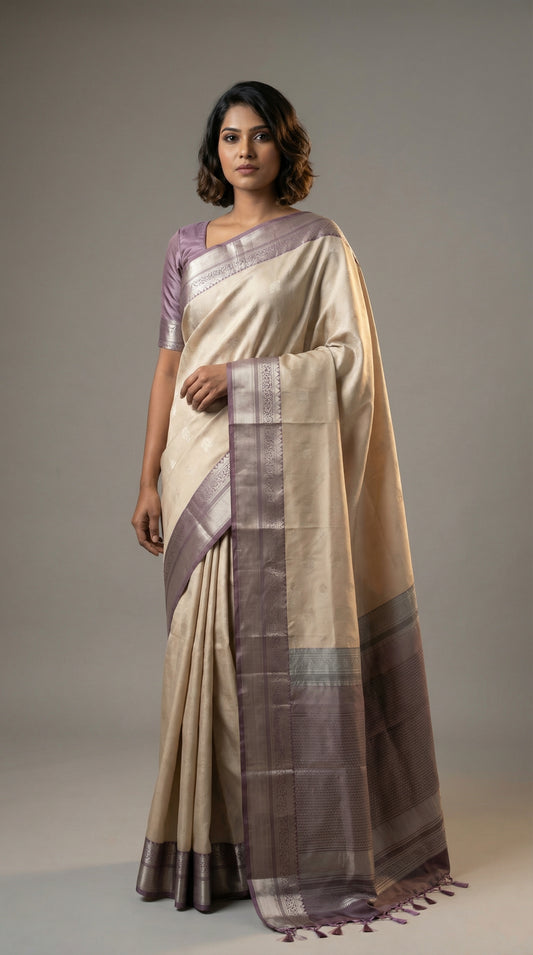 Dusky white and Dusky Lavender Vairaoosi soft silk saree