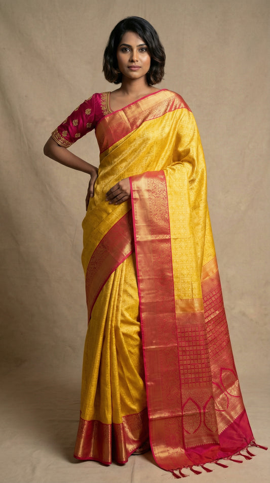 yellow and Pink Designer soft silk saree