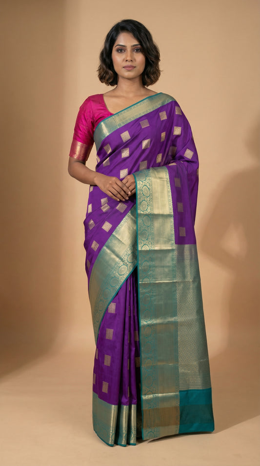 Violet and Teal green kanchi semi silk saree