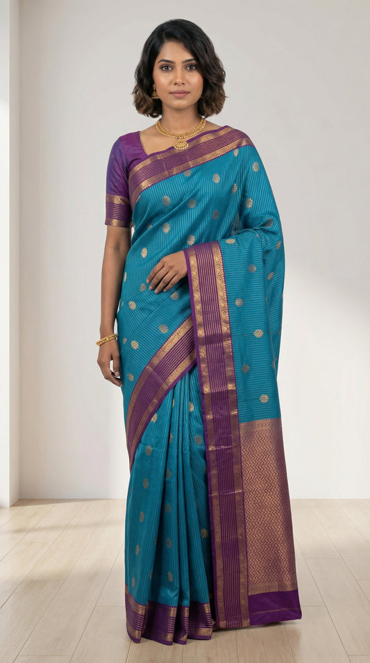 Peacock blue and Purple soft silk saree