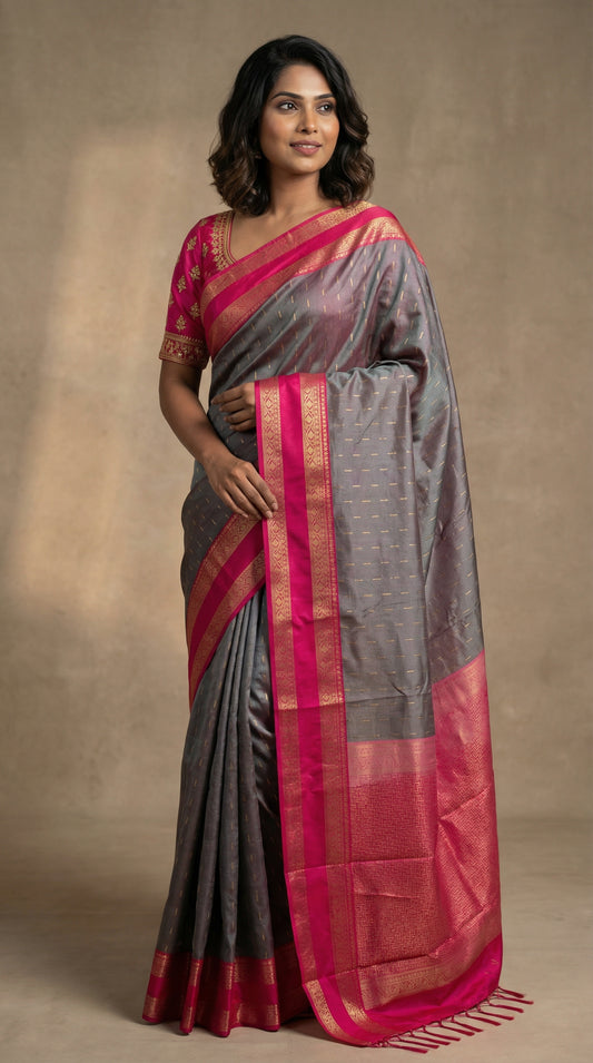 Paynes Grey and Rani pink soft silk saree