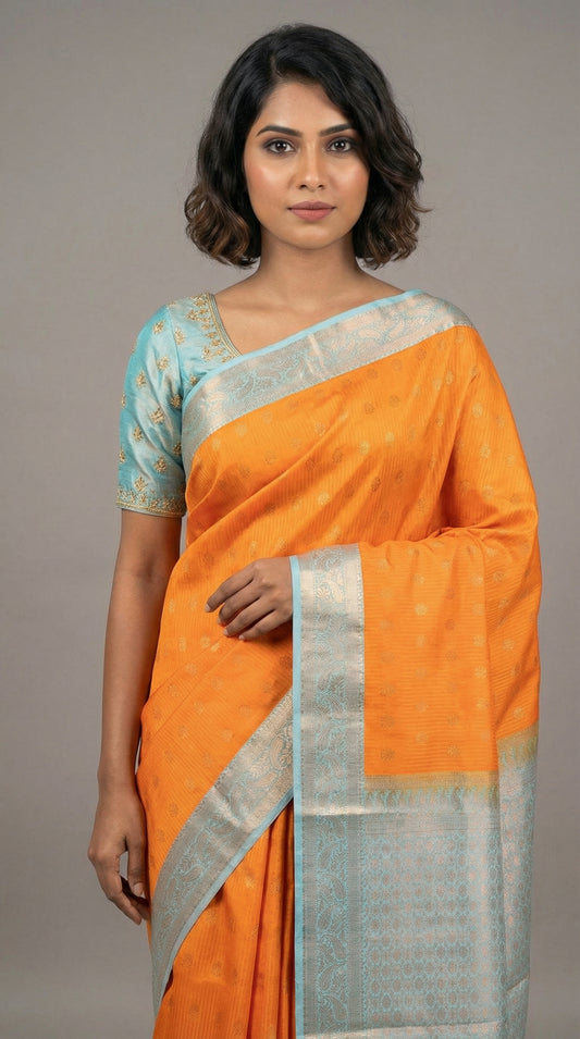 Orange and Sky Blue Semi Silk Saree