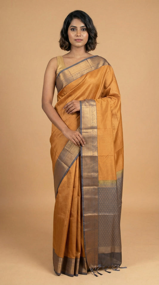 Mustard Yellow and Charcoal grey small checked soft silk saree