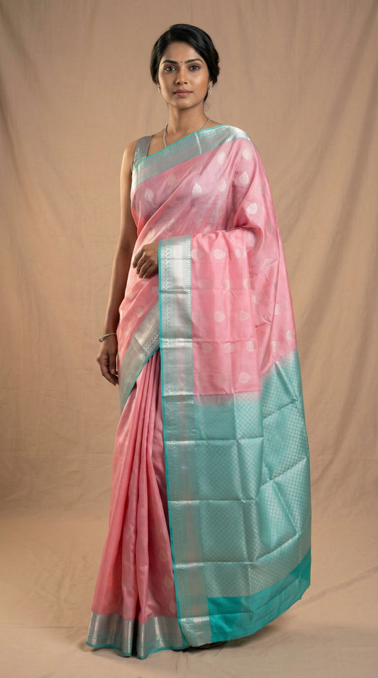 Fandango pink and Cyan Blue pure touch silk saree