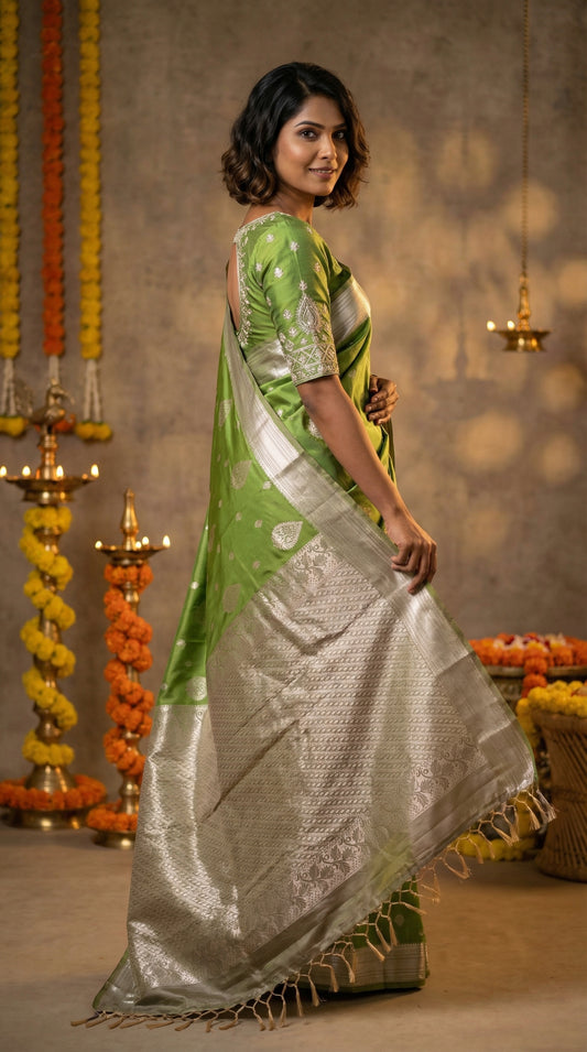 Pear green and Greenish Grey Small Border semi silk saree)