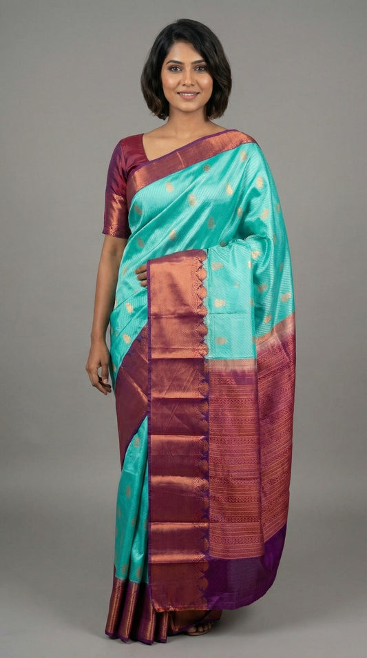 Aqua blue and purple semi silk saree