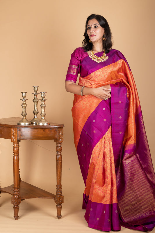 Orange and Purple kanjivaram saree