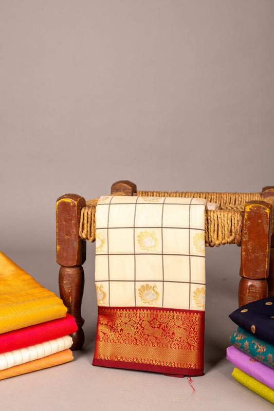 Offwhite and red semi silk saree