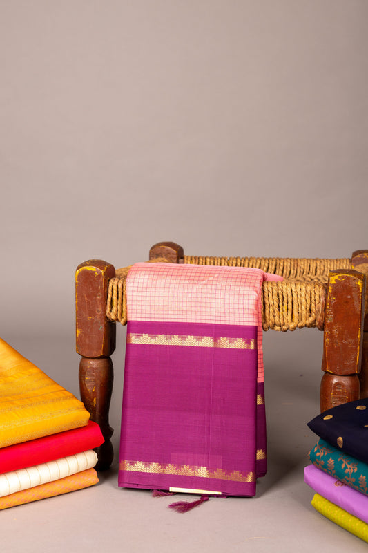 Flamingo pink and purple silk cotton saree