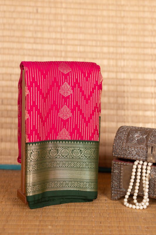 Vibrant Pink and Green semi silk saree