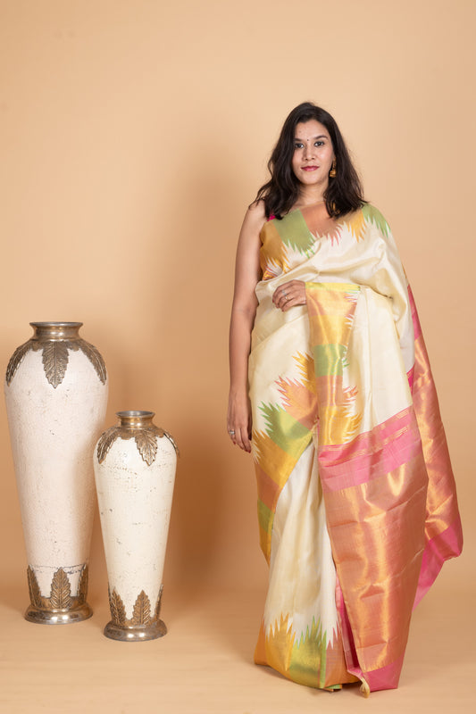 Dover white and Pastel Pink Kanjivaram Pattu Saree