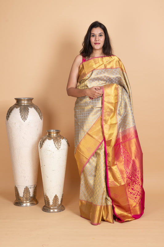 Ice Grey and Rani Pink Kanjivaram Pattu Saree