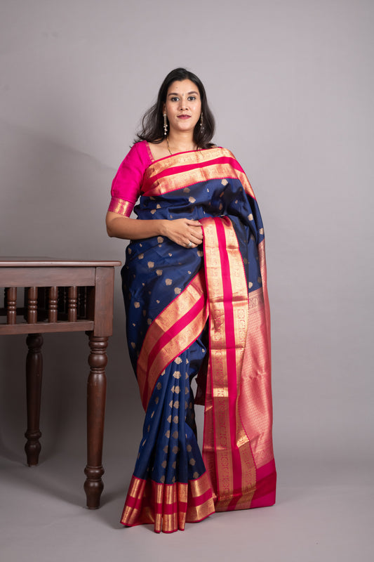 Royal Blue and Rani Pink Pure Kanjivaram Silk Saree