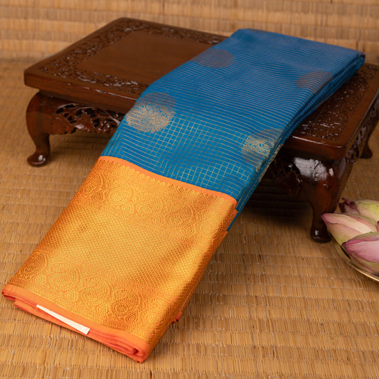 Peacock blue and Coral orange semi silk saree
