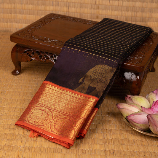 Hickory brown and Coral orange silk cotton saree