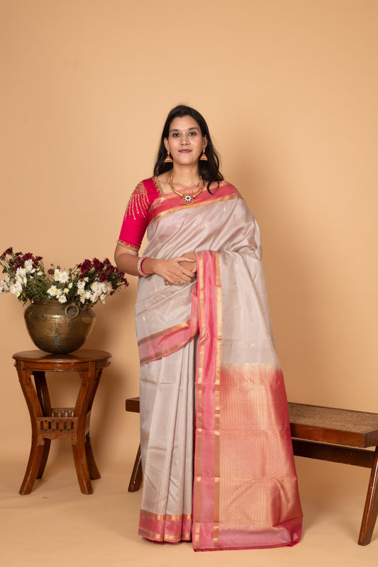 Cement Grey and Dual Tone Pink Pure Kanjivaram silk saree