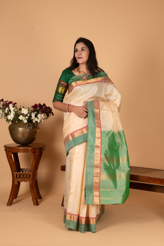Cream white and Dual tone green Pure Kanjivaram silk saree