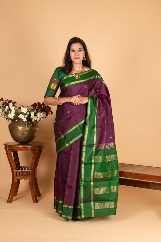 Eggplant Purple and Bottle green Pure Kanjivaram silk saree