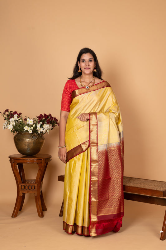 Golden Yellow and Apple red Pure Kanjivaram silk saree