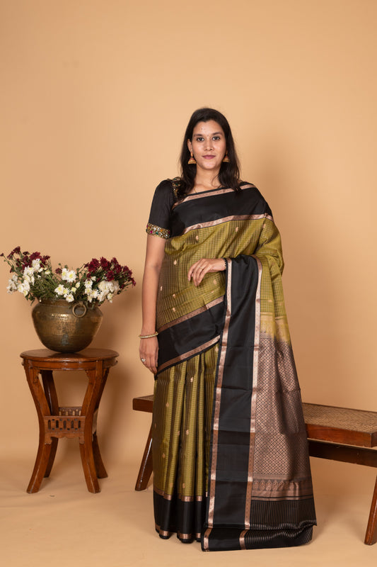 Olive green and Black Retta Patta Border Pure Kanchi silk saree