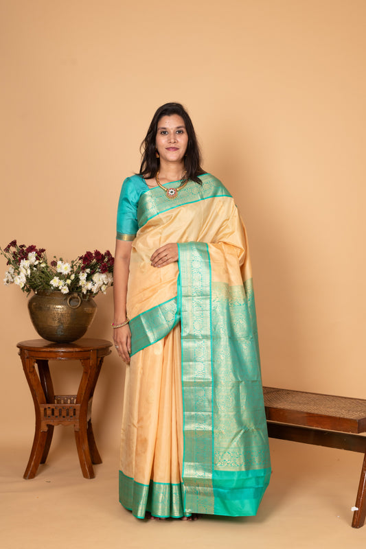 Linen White and Turquoise blue Butta Pure kanchi silk saree