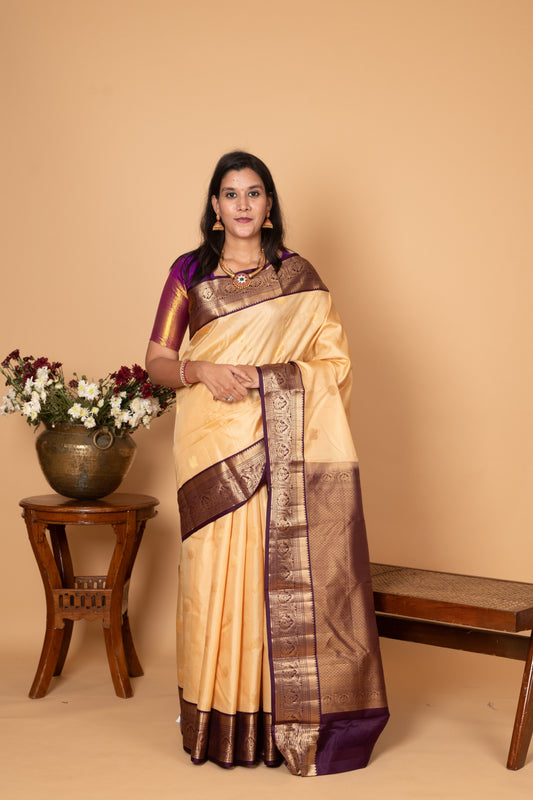 Off White and Plum Purple Traditional kanjivaram Pure silk saree
