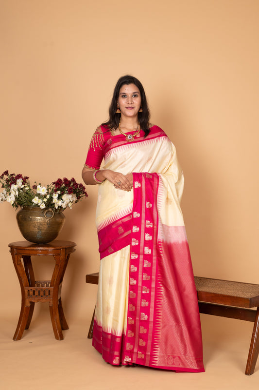 Egg Shall white and Pink Traditional Pure kanchi silk saree