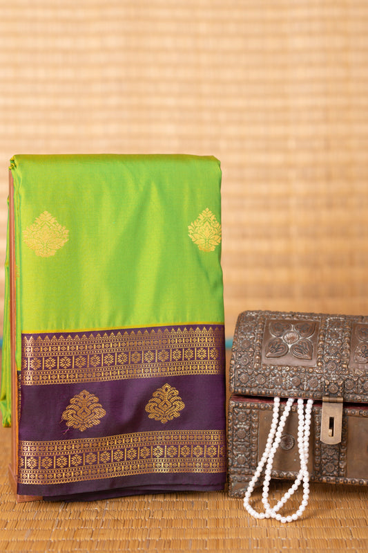 Lawn green and purple semi silk saree