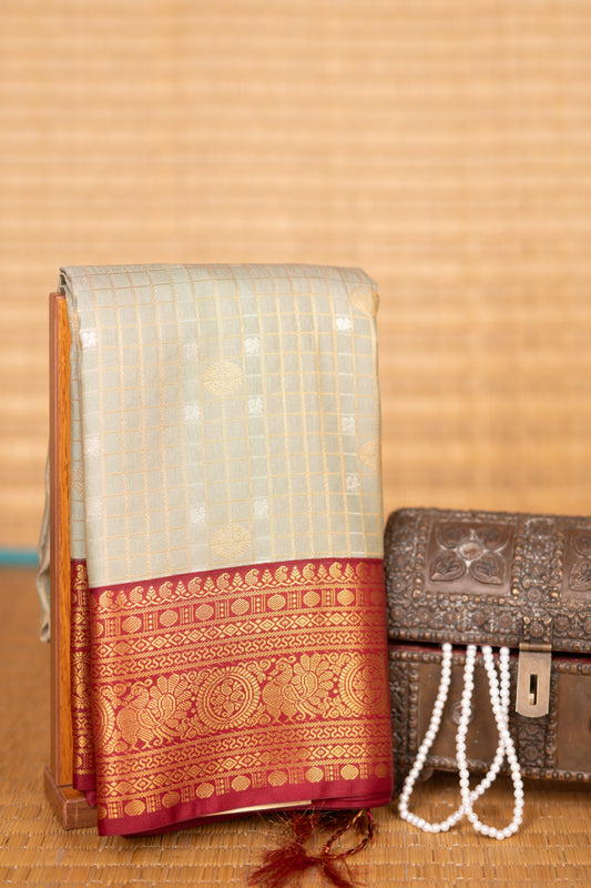 Grey green and Blood red kanchi soft silk saree