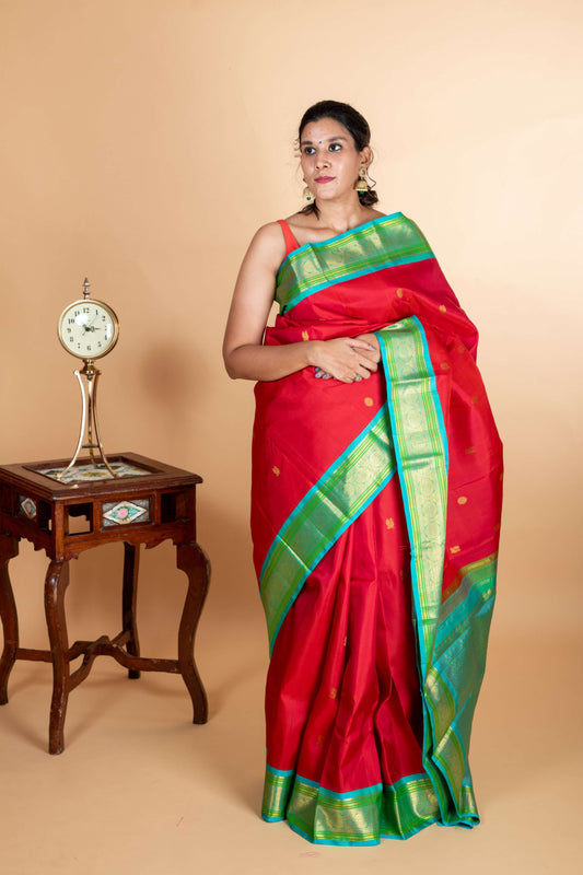 Red and blue kanjivaram silk saree