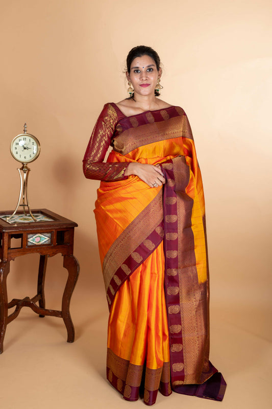 Yellow and Maroon Silk Saree