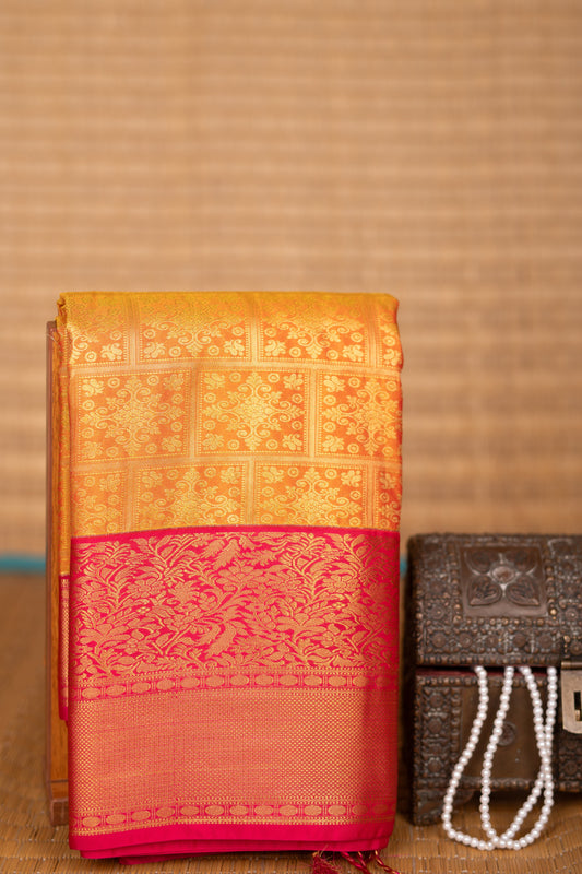 yellow Orange and Pink Designer soft silk saree