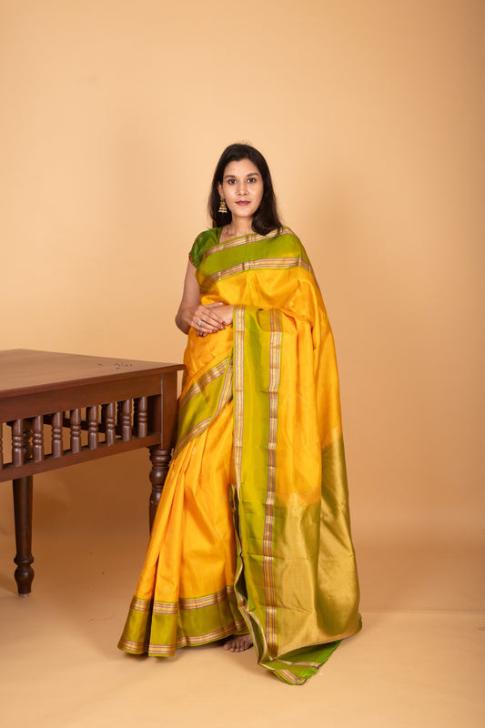 Royal Yellow and Dual Tone Green Retta Patta Border pure kanchi silk saree