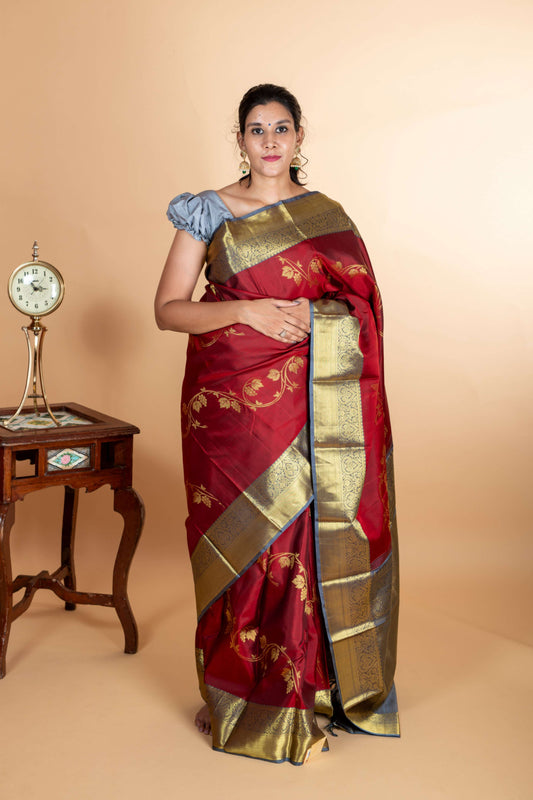 Maroon and grey designer kanjivaram silk saree