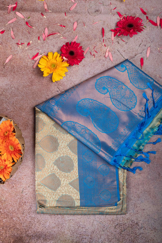 Pastel green and blue semi silk saree