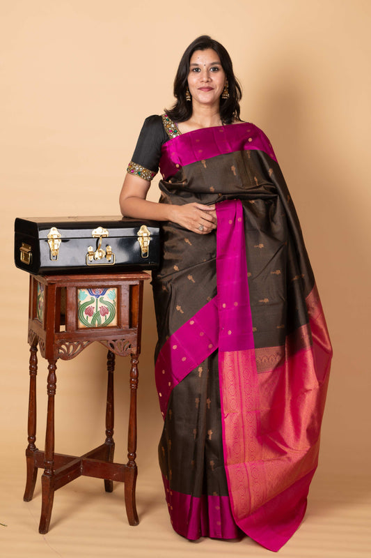 Black and soft pink pure silk saree