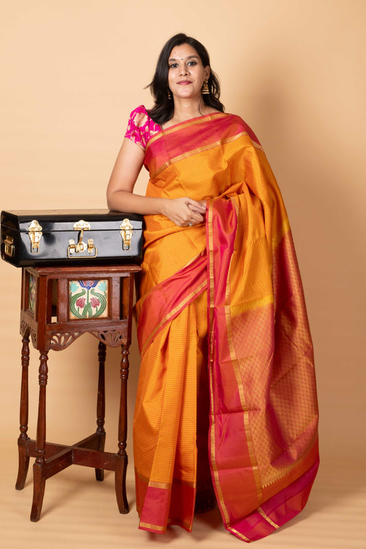 Borderless Yellow and Double Tone Pink Silk Saree