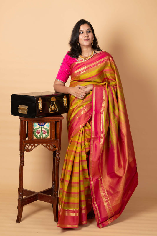 Green and multicolour border pure silk saree