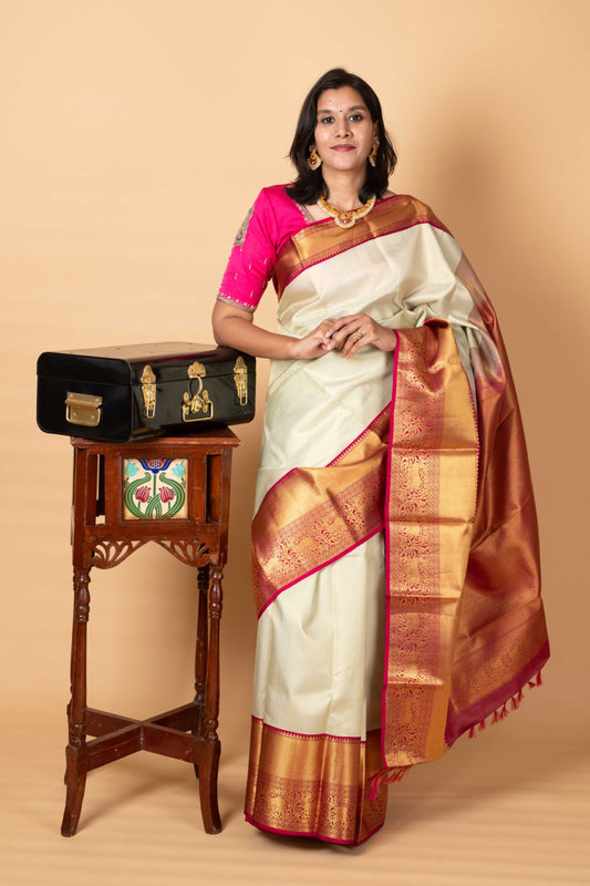 Beige pure silk saree
