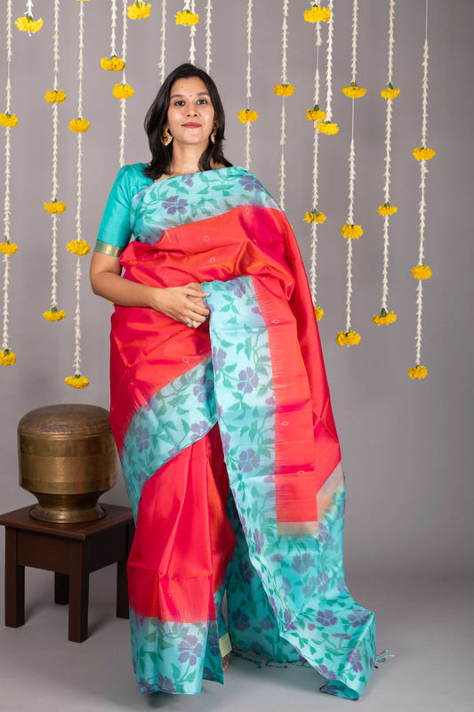Tomato pink soft silk saree