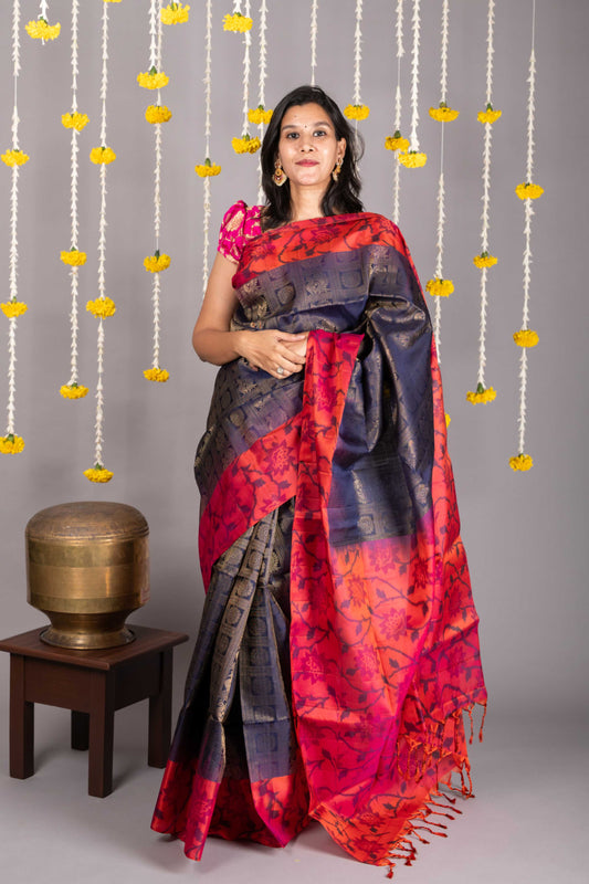 Blue and pink korvai pure silk saree