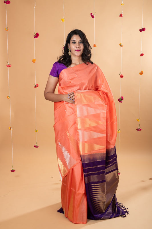 Peach temple border soft silk saree