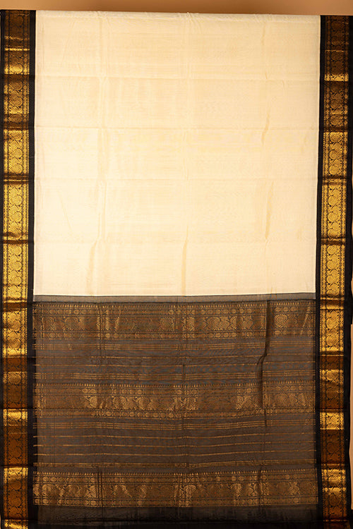 Beige and black silk cotton saree