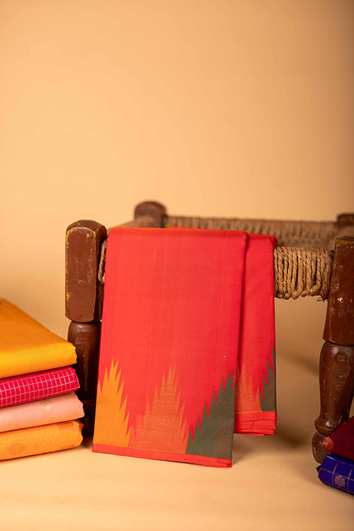 Tomato red temple border silk saree