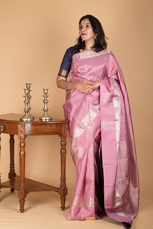 Navy Blue and Pink Silk Saree
