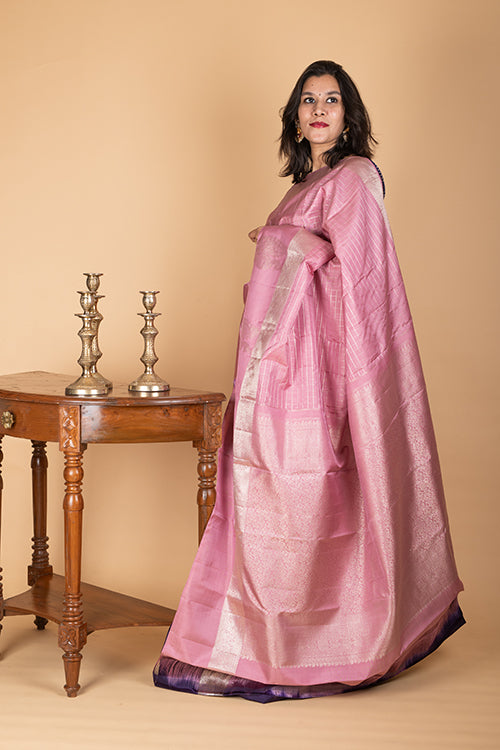 Navy Blue and Pink Silk Saree