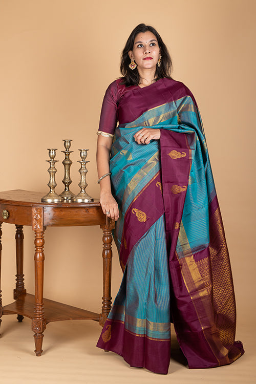 Peacock blue kanjivaram silk saree