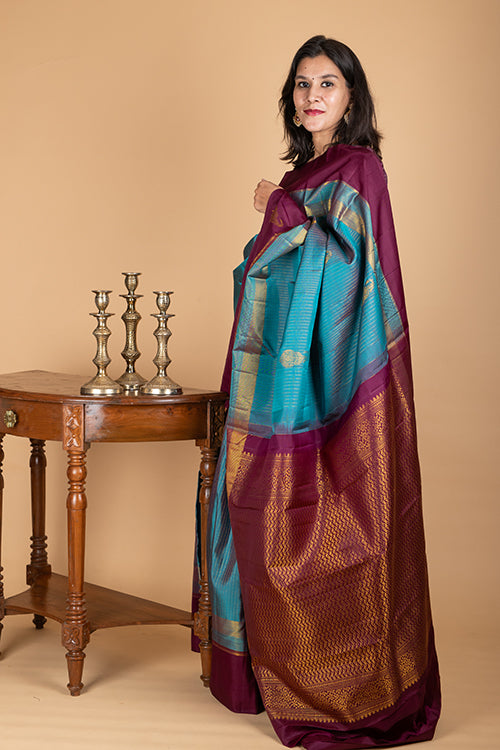 Peacock blue kanjivaram silk saree