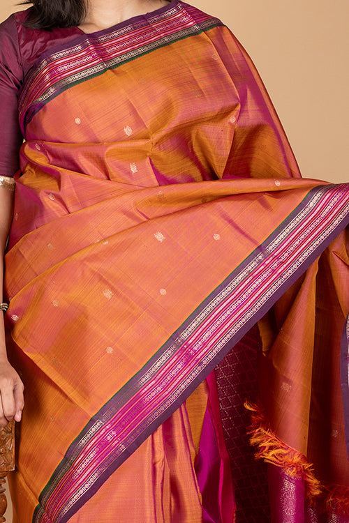 Rust and purple pure kanjivaram silk saree