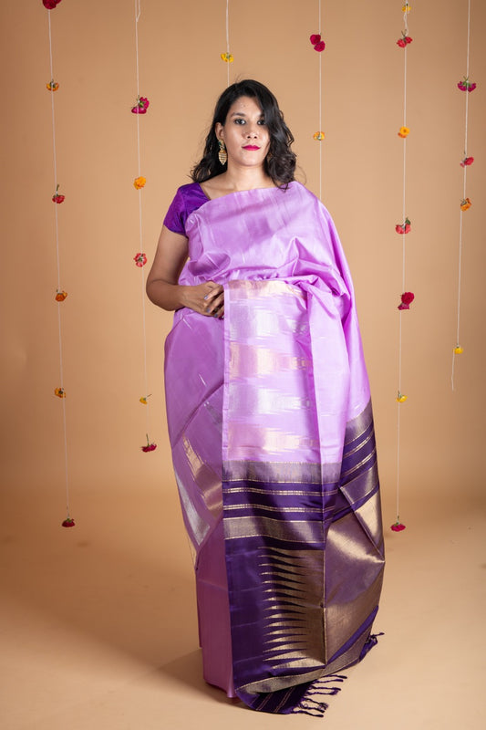 Lavender temple border pure soft silk saree